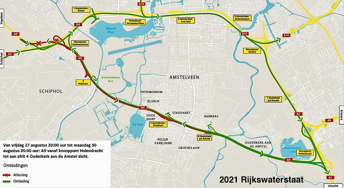 A9 dicht vanaf knooppunt Badhoevedorp op 27 tot 30 augustus